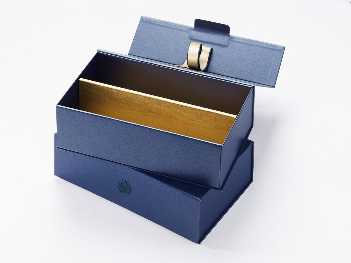 Gold Double Bottle Insert Featured In Navy Gift Box