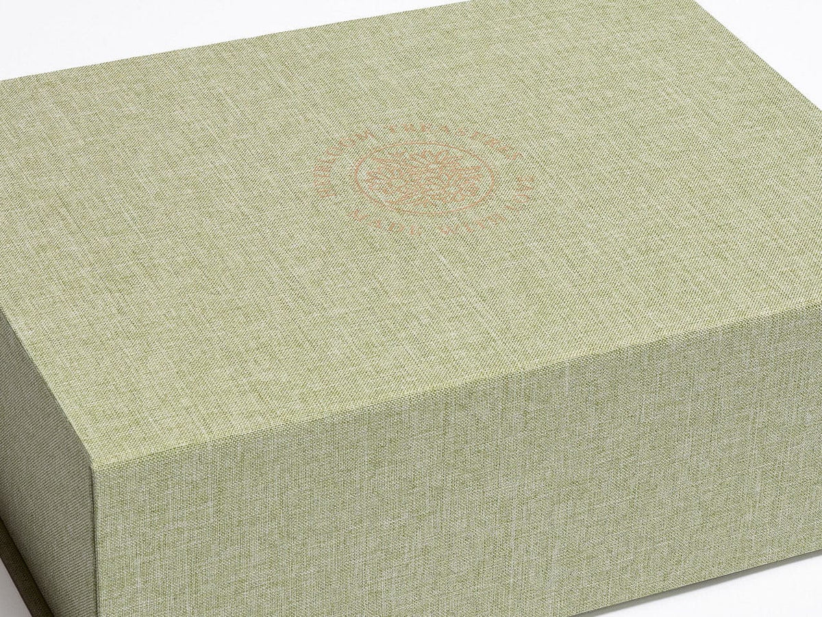 Rose Gold Foil Herloom Treasures logo on Sage Green A4 Deep box