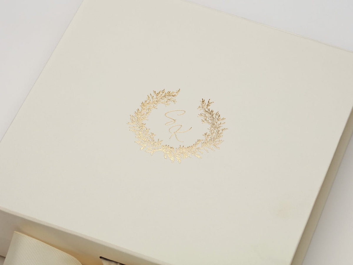 Custom Gold Foil Logo onto Ivory Gift Box