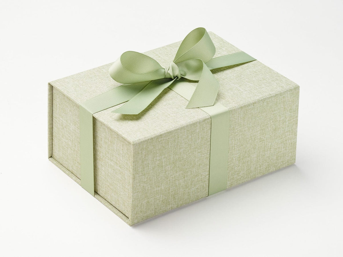 Spring Moss Ribbon Featured on Sage Green Linen Gift Box
