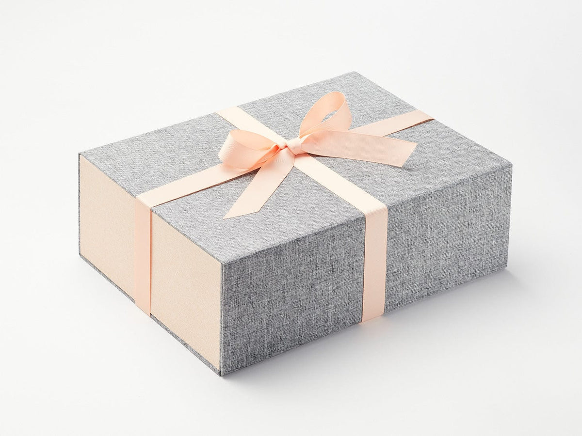 Peach Fuzz Ribbon Featured on Grey Linen Gift Box with Hessian Linen FAB Sides®