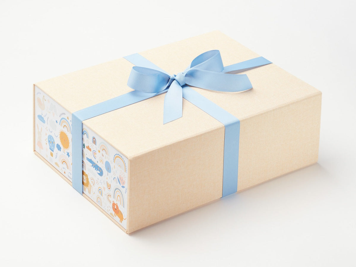 French Blue Ribbon Featured on Hessian Linen Gift Box with Rainbow Zoo FAB Sides®