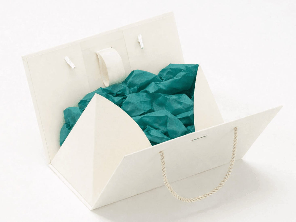 Ivory Boxbag with teal tissue paper on a white background