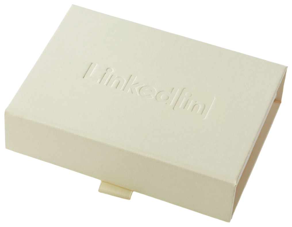 Ivory gift box with ‘Linkedin' branding on a white background