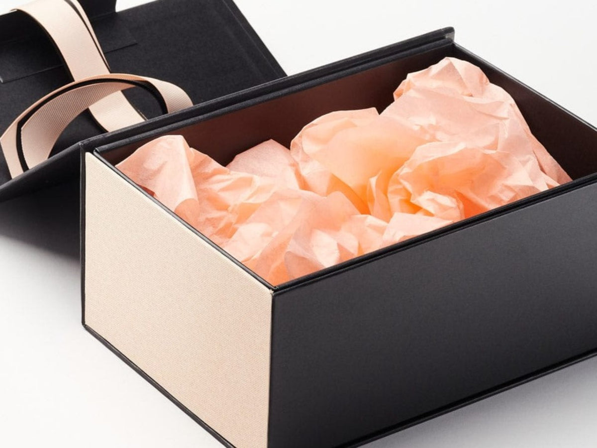 Hessian Linen FAB Sides® Featured with Peach Tissue on Black Gift Box