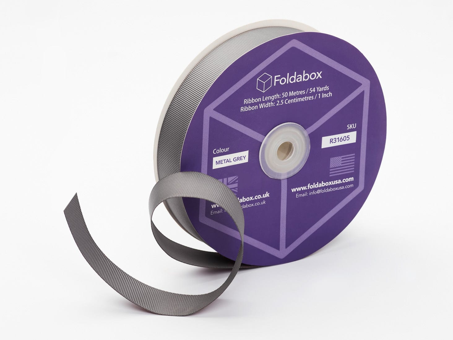 Metal Grey Grosgrain Ribbon Roll 50m | Foldabox® | Foldabox UK and Europe