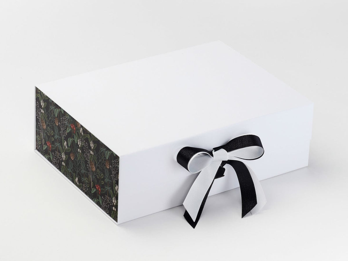 Xmas Mistletoe FAB Sides® Featured on White A4 Deep Gift Box with Black Sparkle Double Ribbon