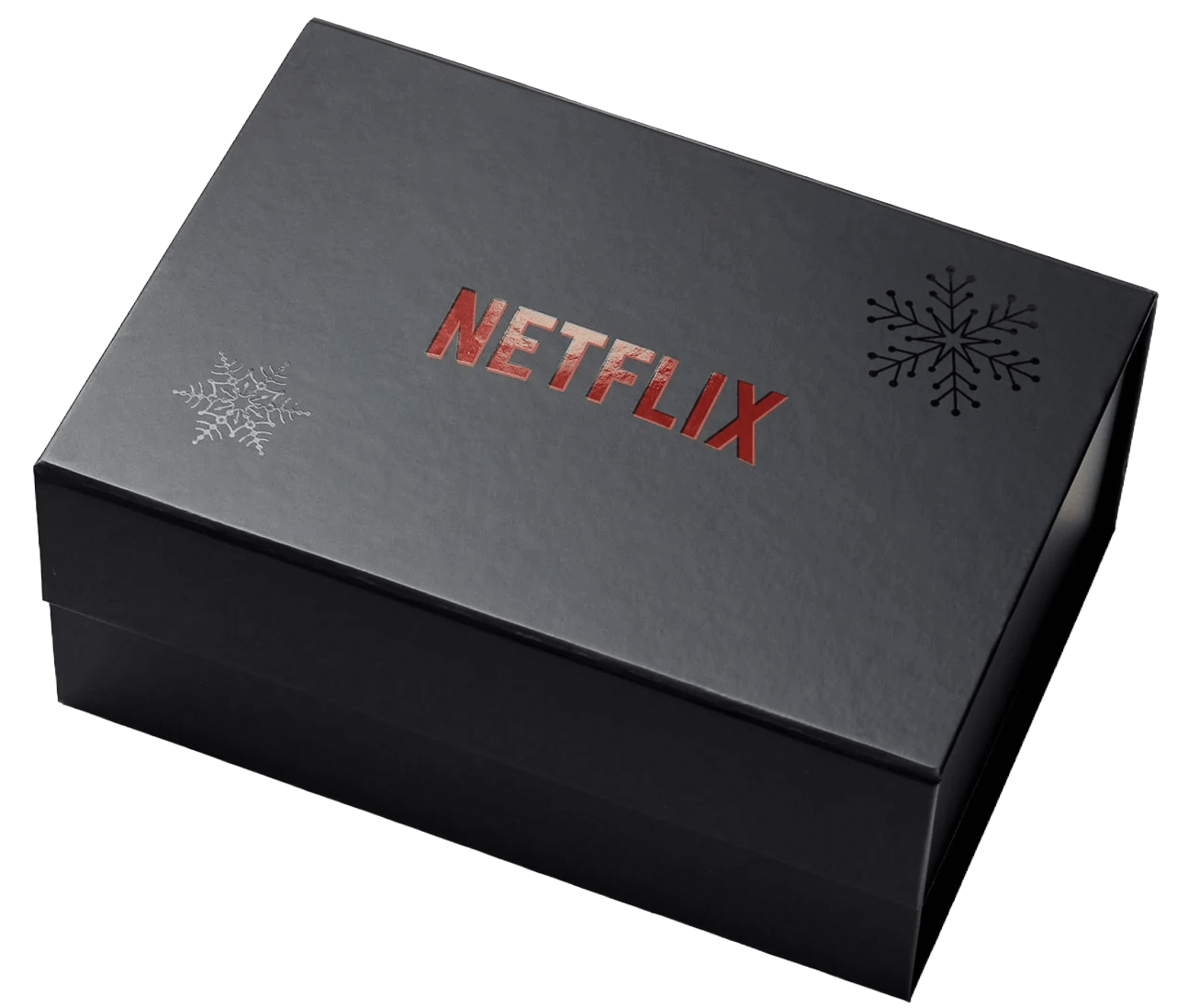 Netflix branded box with snowflake designs on a black background