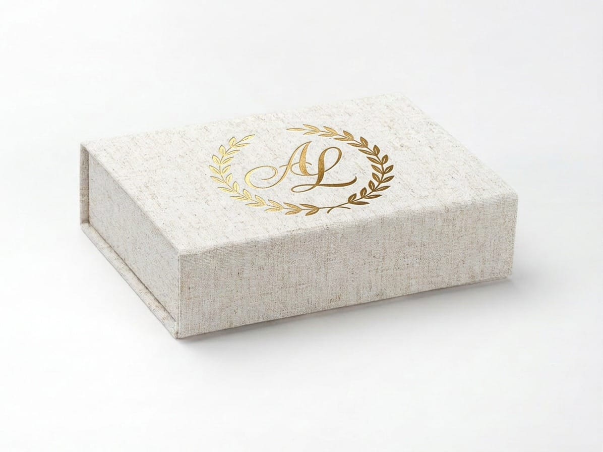 Natural Linen Gift Box with Custom Gold Foil Logo