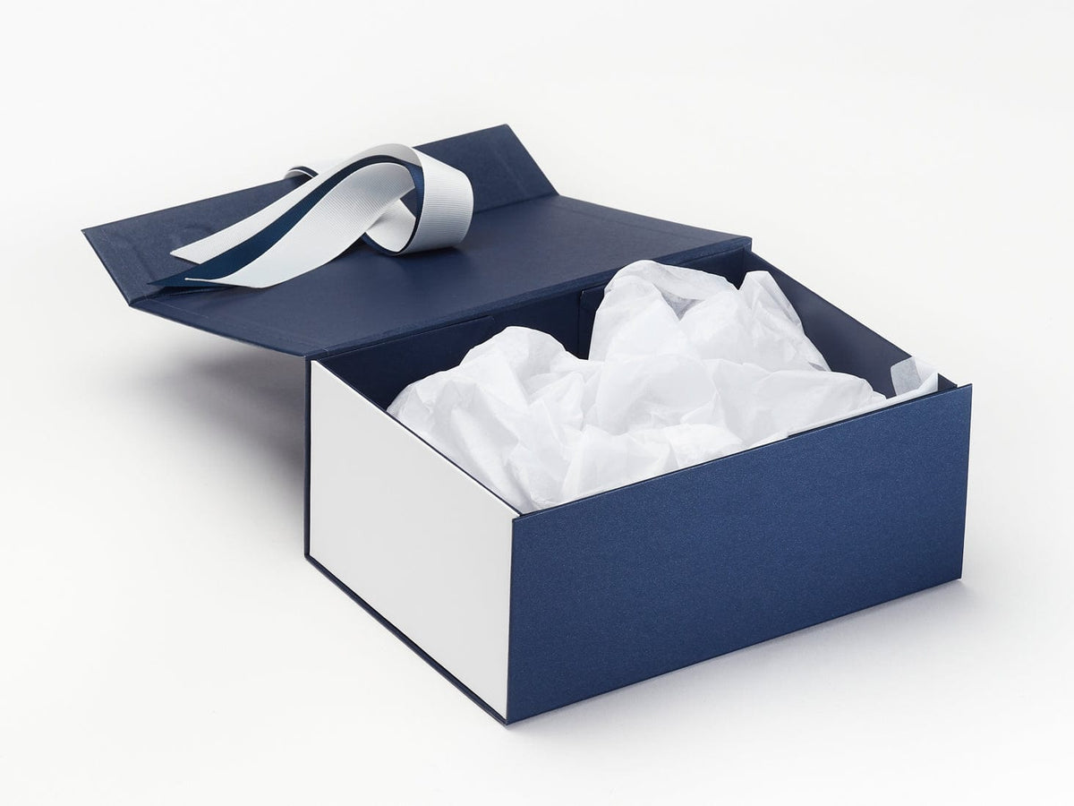 White Tissue Paper Featured in Navy Blue A5 Deep Gift Box with White FAB Sides®