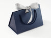 Small Navy Blue BoxBag Featured with Silver Sparkle Ribbon. Ideal for Pale Grey Tissue Paper