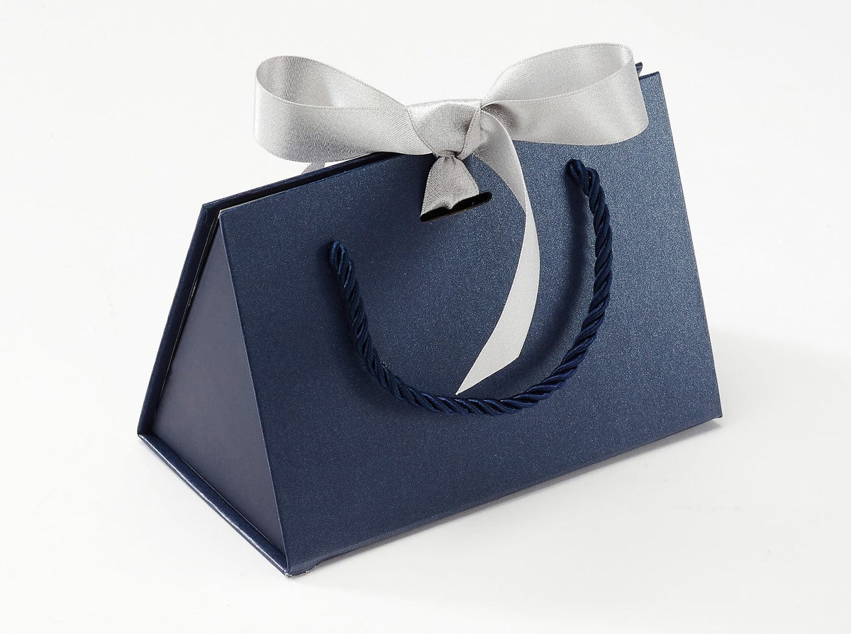 Small Navy Blue BoxBag® Featuring Silver Sparkle Satin Ribbon