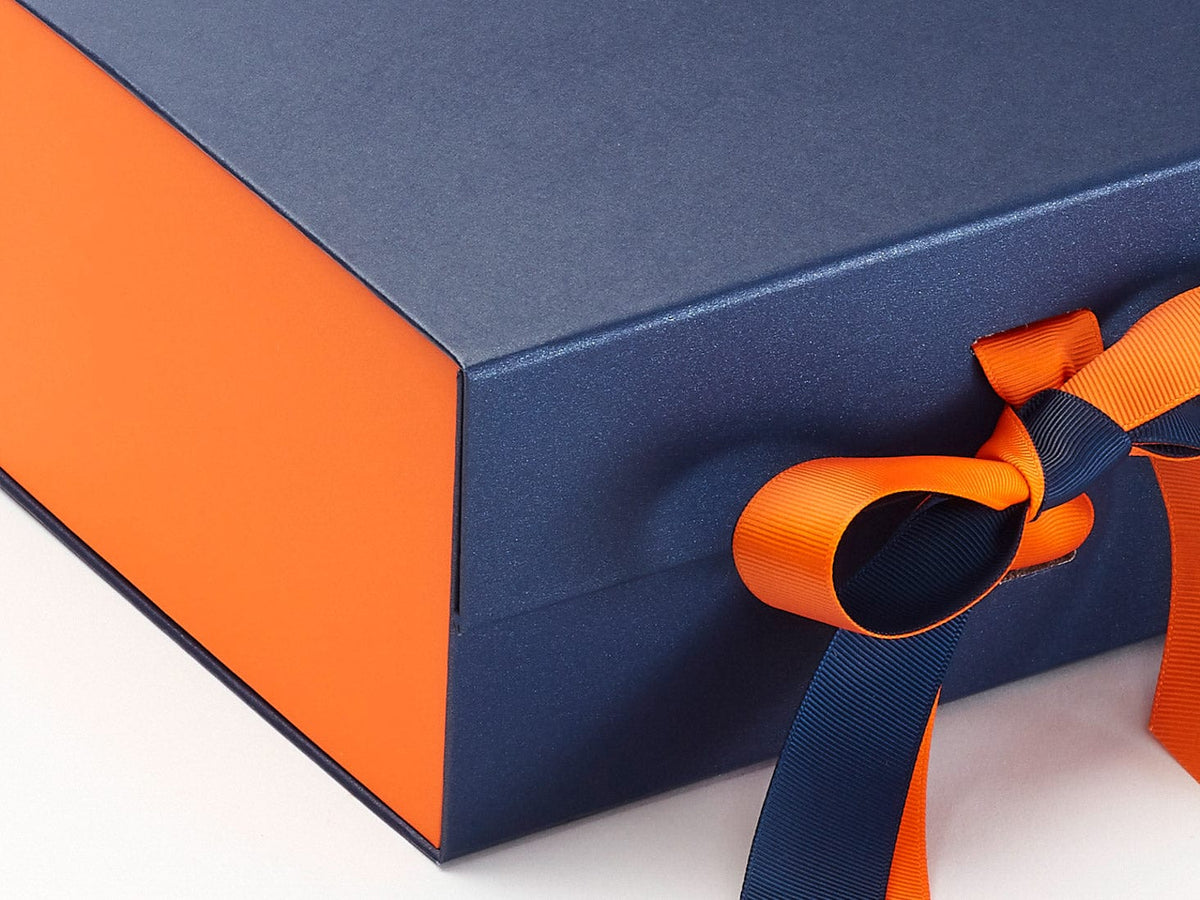 Orange FAB Sides® Featured on Navy Blue Gift Box with Russet Orange Double Ribbon