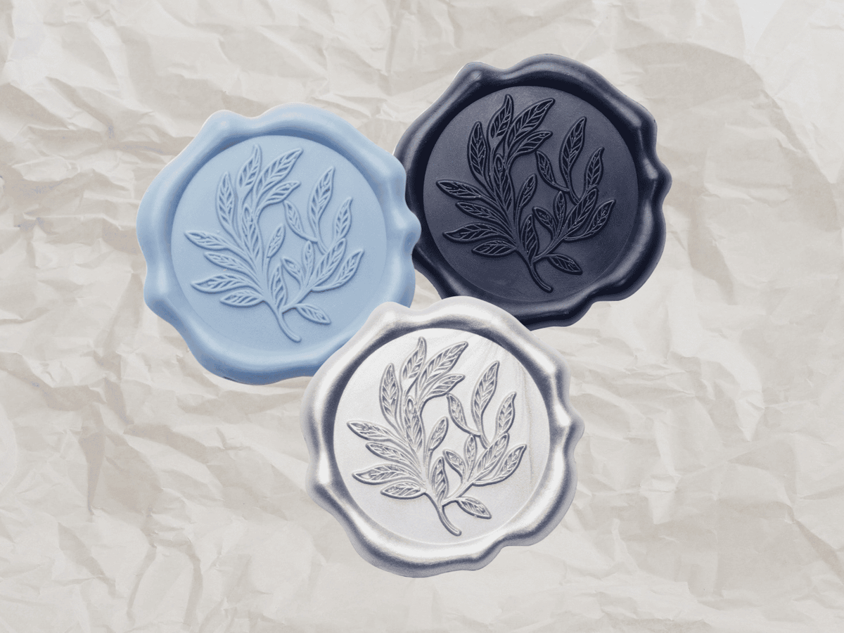 Pale Blue, Navy Blue and Silver Wax Seals Featured with Pale Grey Tissue Paper