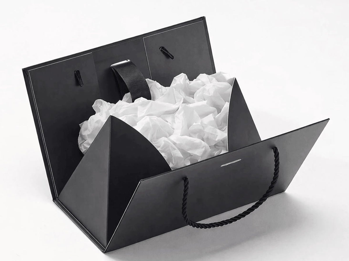 Black Boxbag with Pale Grey Tissue Paper inside on a white background