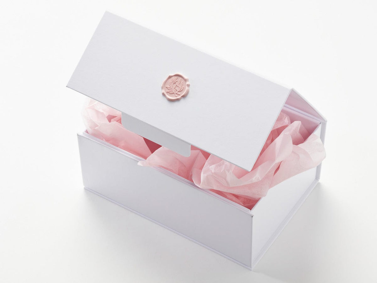 Powder Pink Tissue In White A5 Deep No Magnets Gift Box with Pale Pink Wax Seal