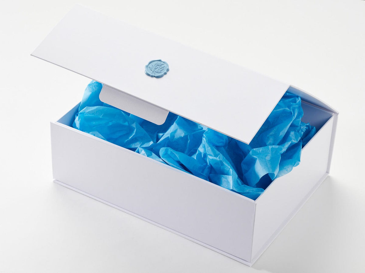 Pale Blue Wax Seal with White A4 Deep NomMagnet Gift Box and Porcelain Blue Tissue