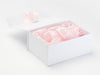 Powder Pink Ribbon Featured with Powder Pink Tissue on White Gift Box