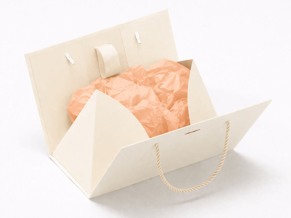 Ivory Boxbag with Peach Tissue Paper scrunched inside on a white background