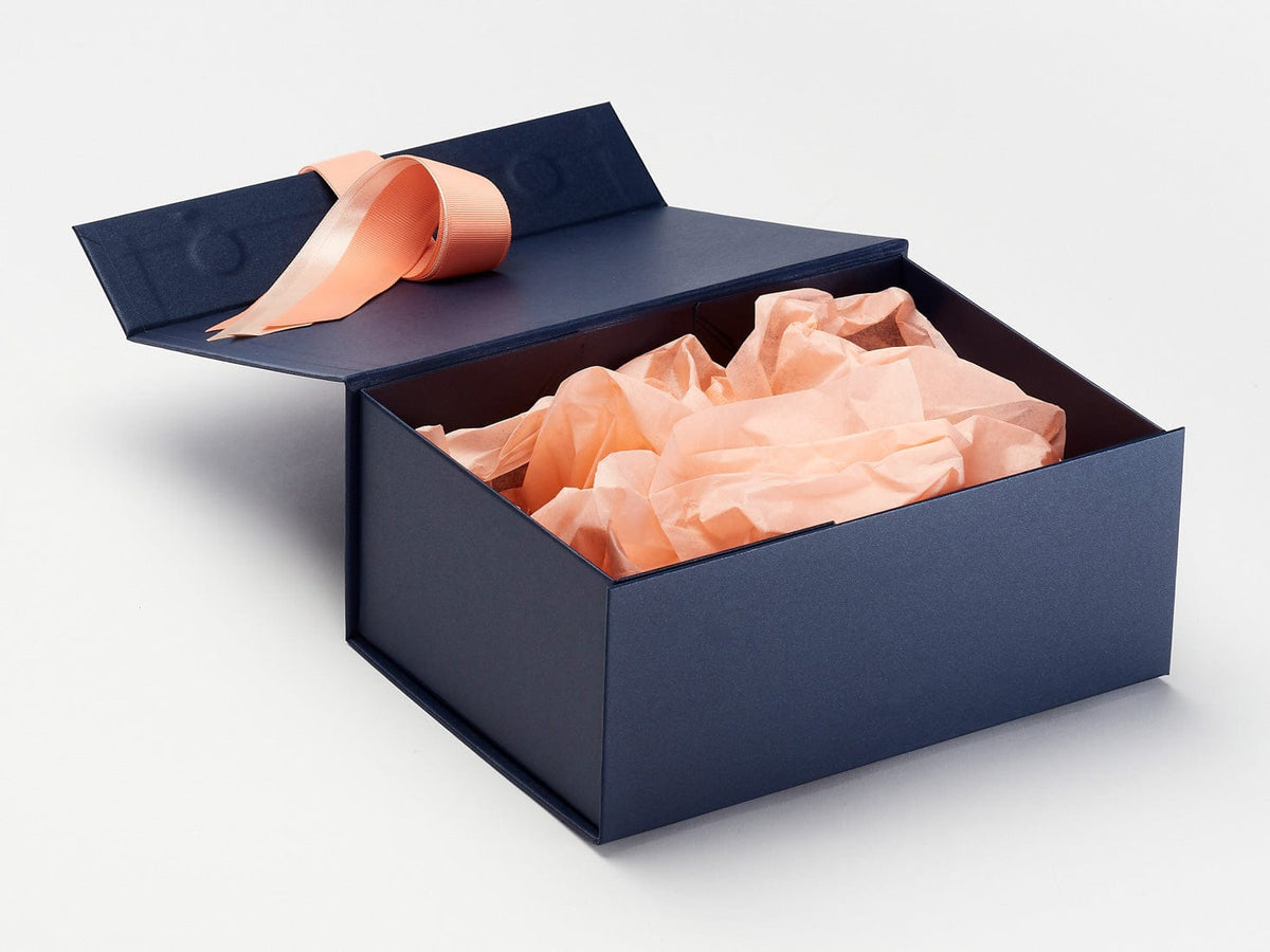 Perfect Peach Grosgrain and Peach Satin Ribbon Featured with Peach Luxury Tissue Paper and Navy Gift Box