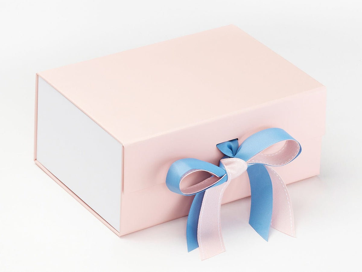 Porcelain Blue Ribbon Featured with White Gloss FAB Sides® Decorative Side Panels on Pale Pink Gift Box