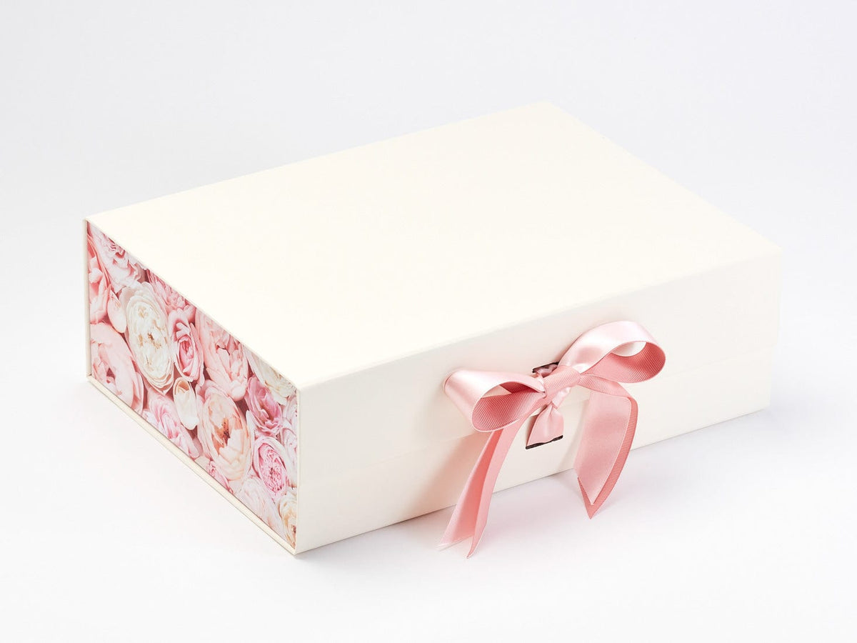 Pink Peony FAB Sides® Decorative Side Panels on Ivory Gift Box with Pale Pink Satin and Sweet Nectar Double Ribbon