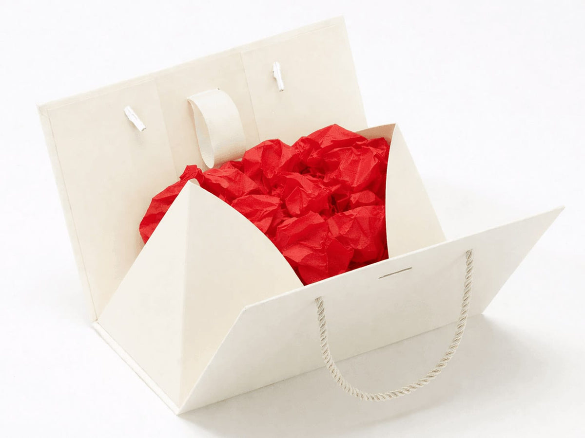 Ivory gift boxbag with red tissue paper on a white background