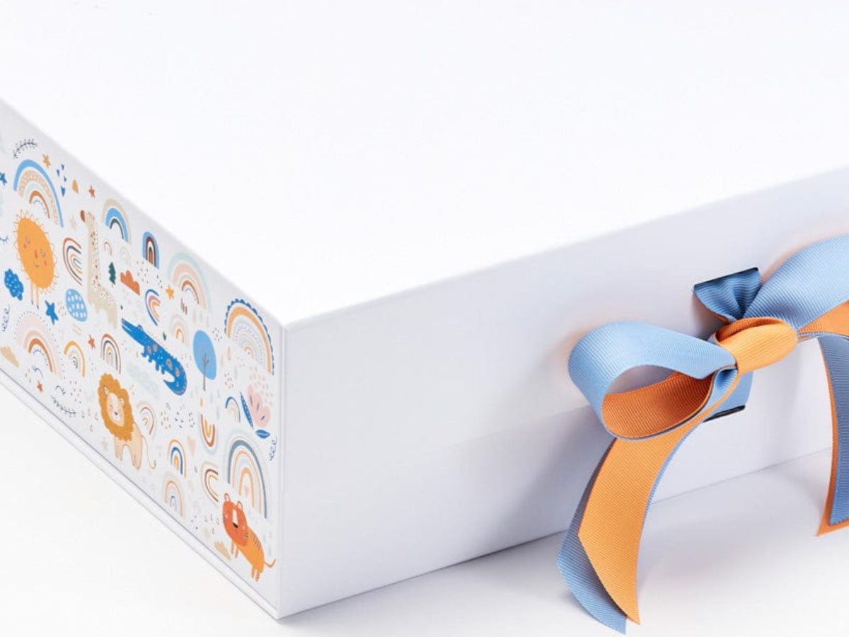 Rainbow Zoo FAB Sides® Featured on White Gift Box with French Blue and Mango Double Ribbon