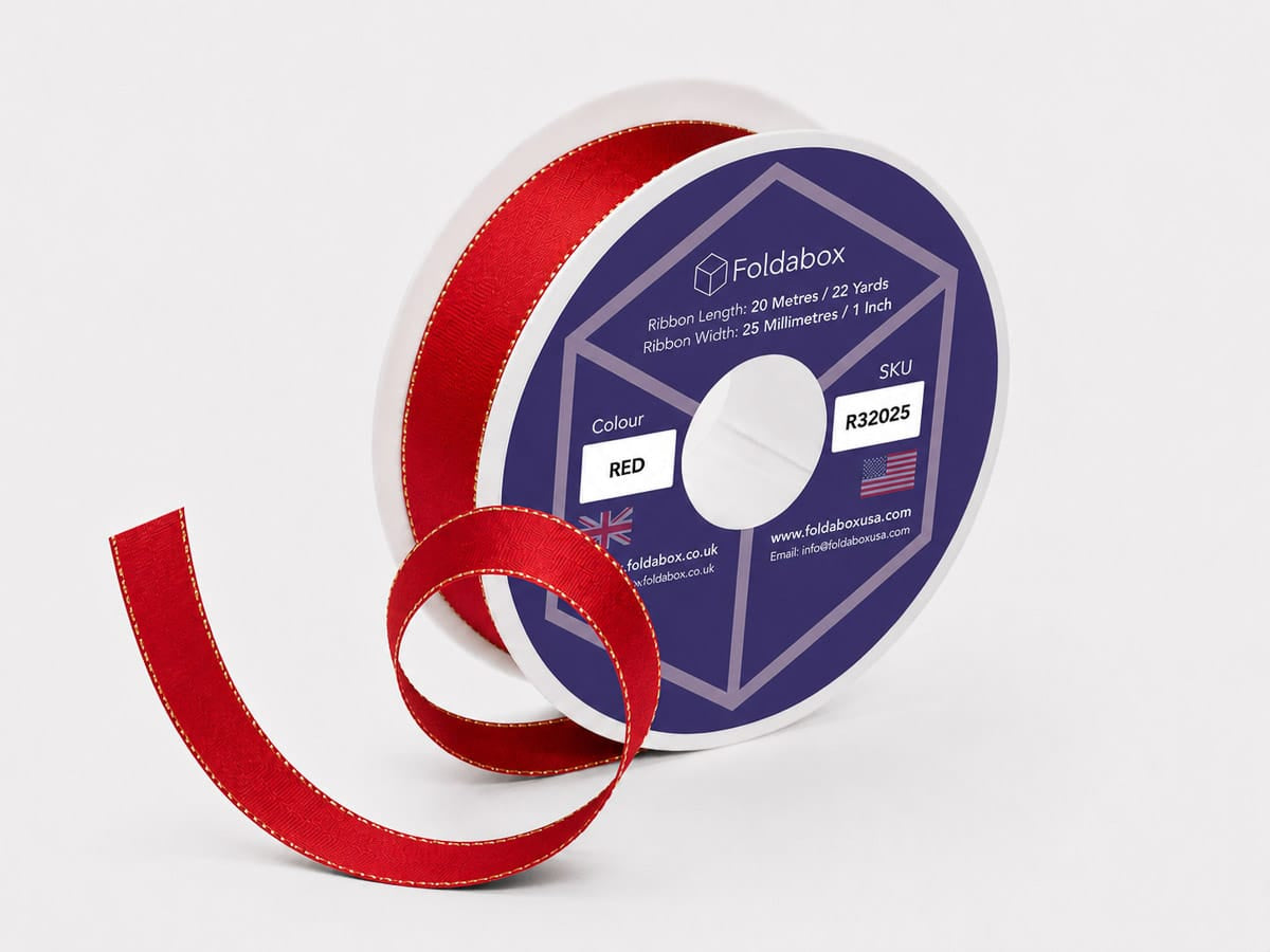 Red Satin Ribbon with metallic gold stitched edges 20m roll