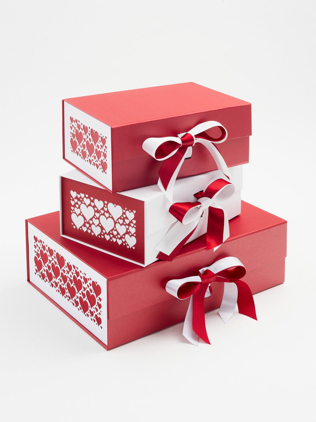 Red Satin Sparkle and White Grosgrain Ribbon Featured with White Hearts FAB Sides® on Red Gift Box
