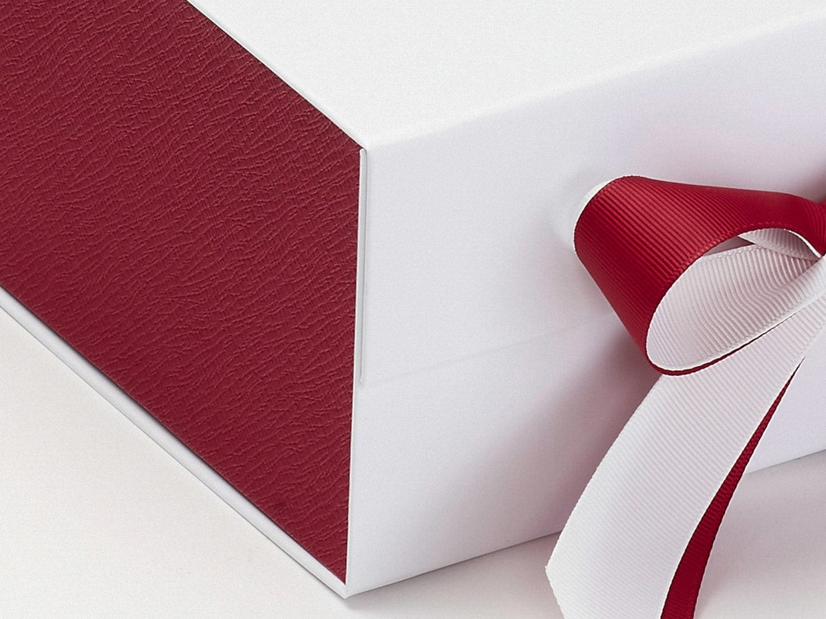 Red Textured FAB Sides® Featured on White  Deep Gift Box with Dark Red Double Ribbon