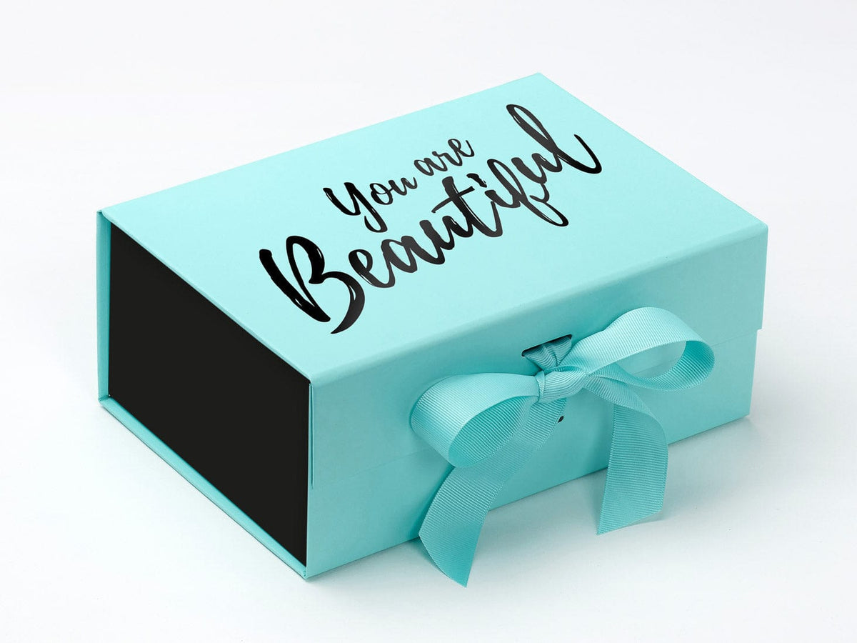 Robin Egg Blue A5 Deep Gift Box Featured with Black FAB Sides® and Custom Black Logo Print to Lid