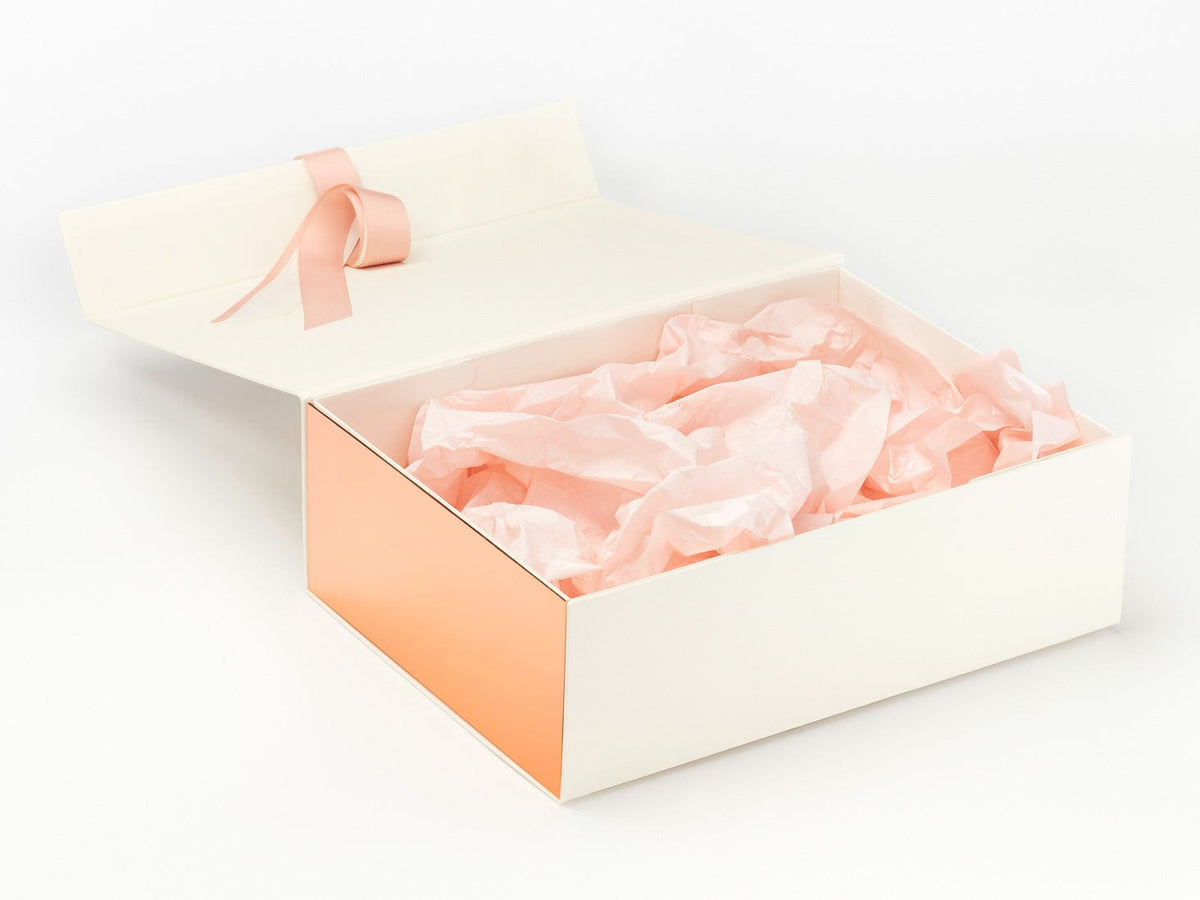 Rose Gold Grosgrain Ribbon with Pearl Rose Gold Tissue and Metallic Rose Copper FAB Sides® On Ivory Gift Box