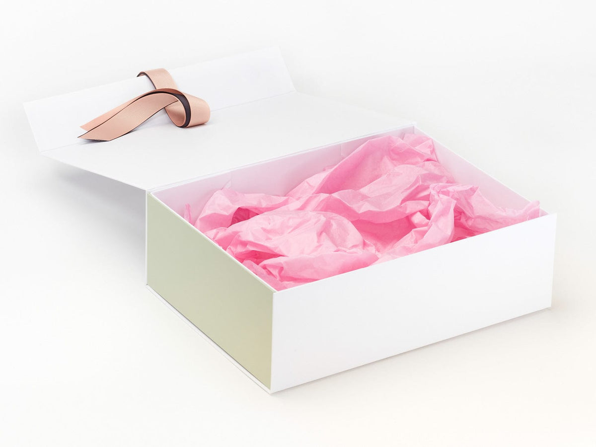 Rose Pink Tissue Paper Featured in White Gift Box with Sage Green FAB Sides®