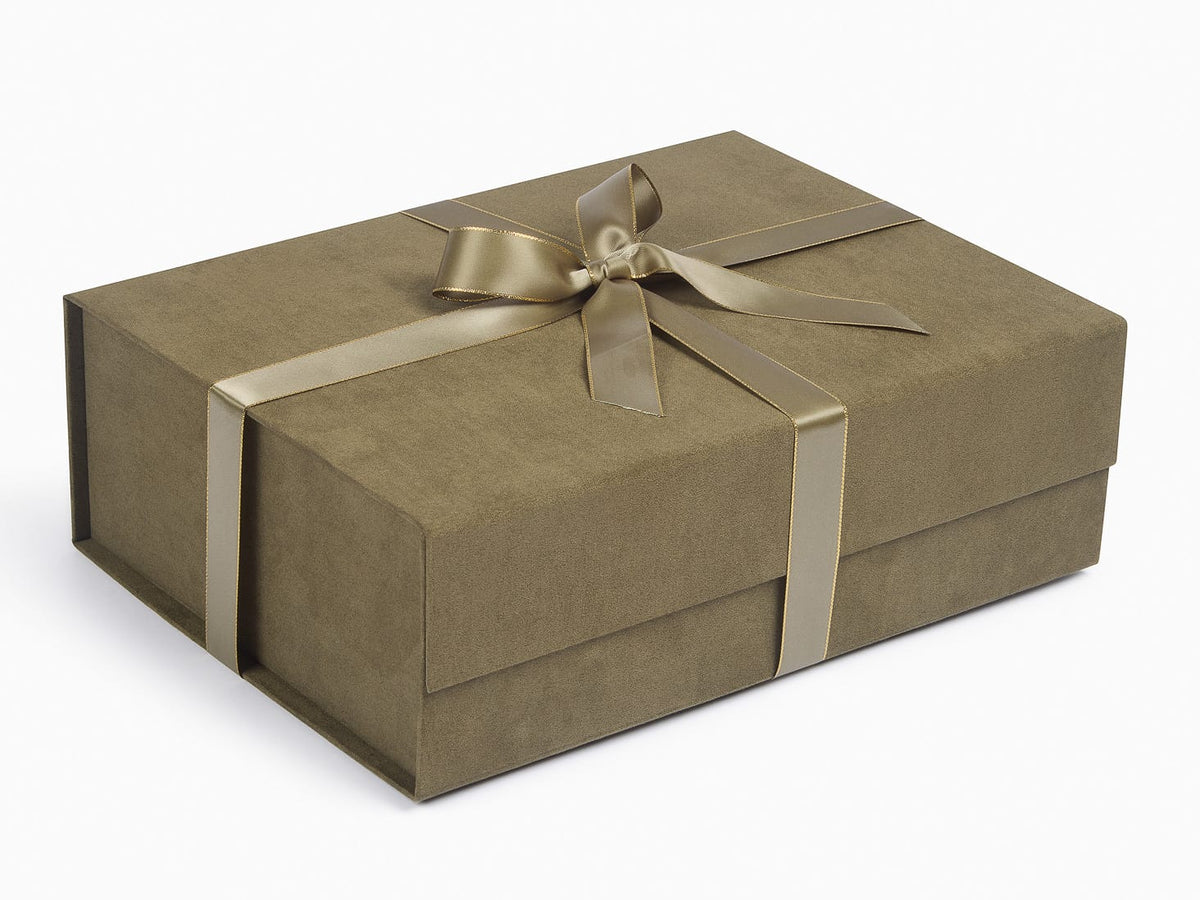 Sage Green Suede Gift Box Featuring Sage Green Gold Edged Satin Ribbon