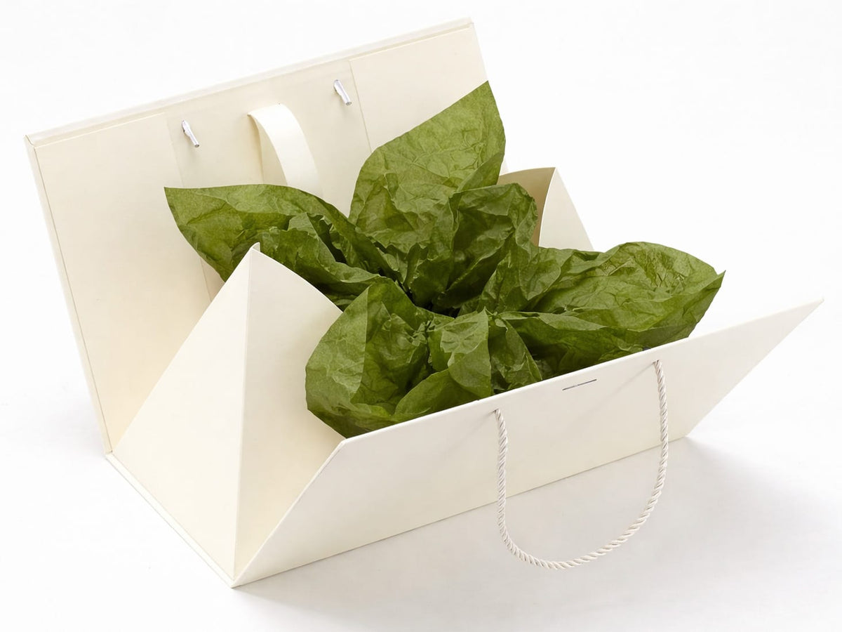 Sage Green Tissue Paper in an Ivory Box bag on a white background