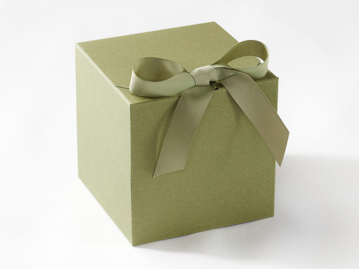 Sage Green XL Cube Softbox gift box with a ribbon on a white background