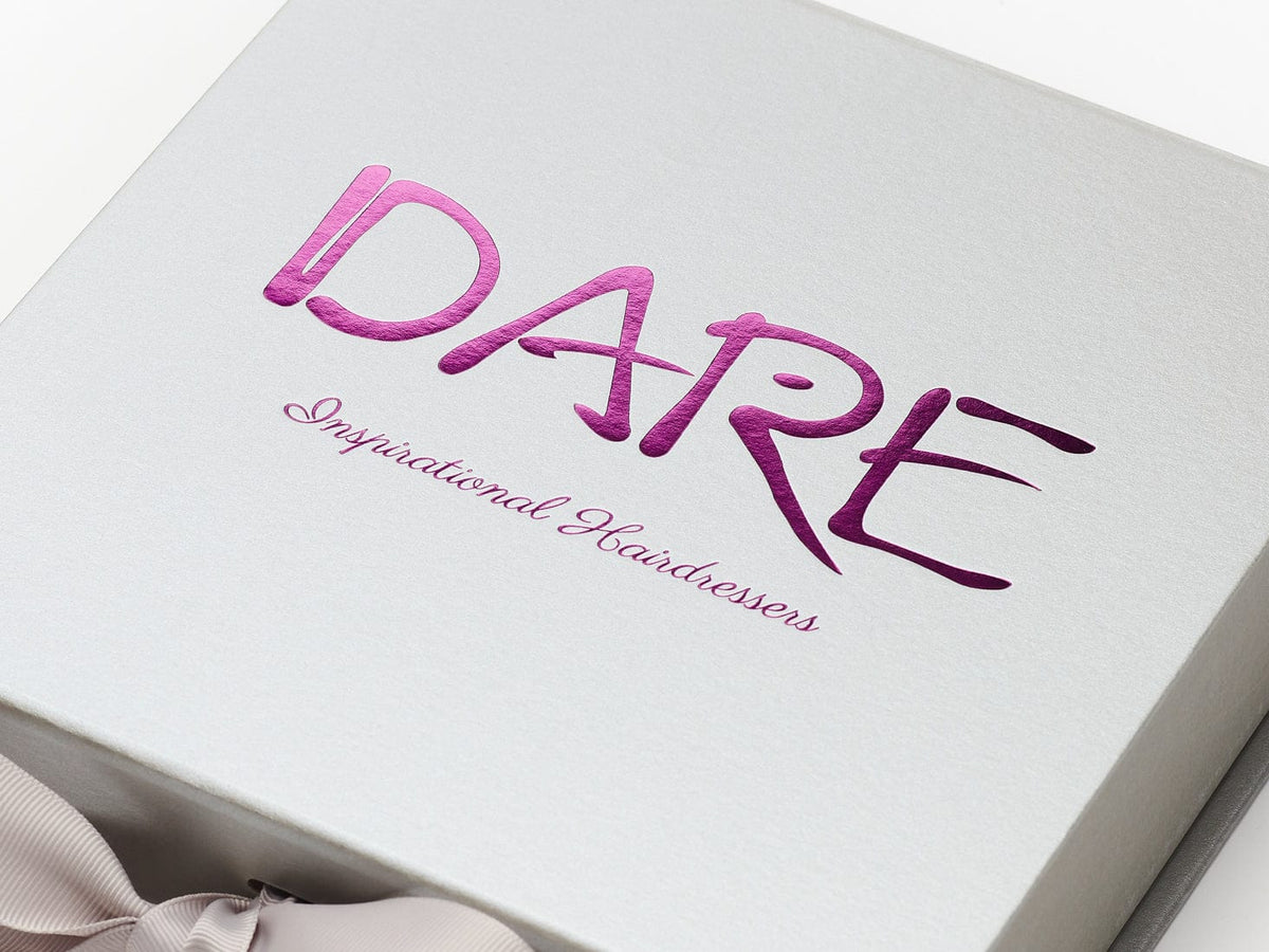 Custom Purple Foil Logo Featured on Silver Gift Box