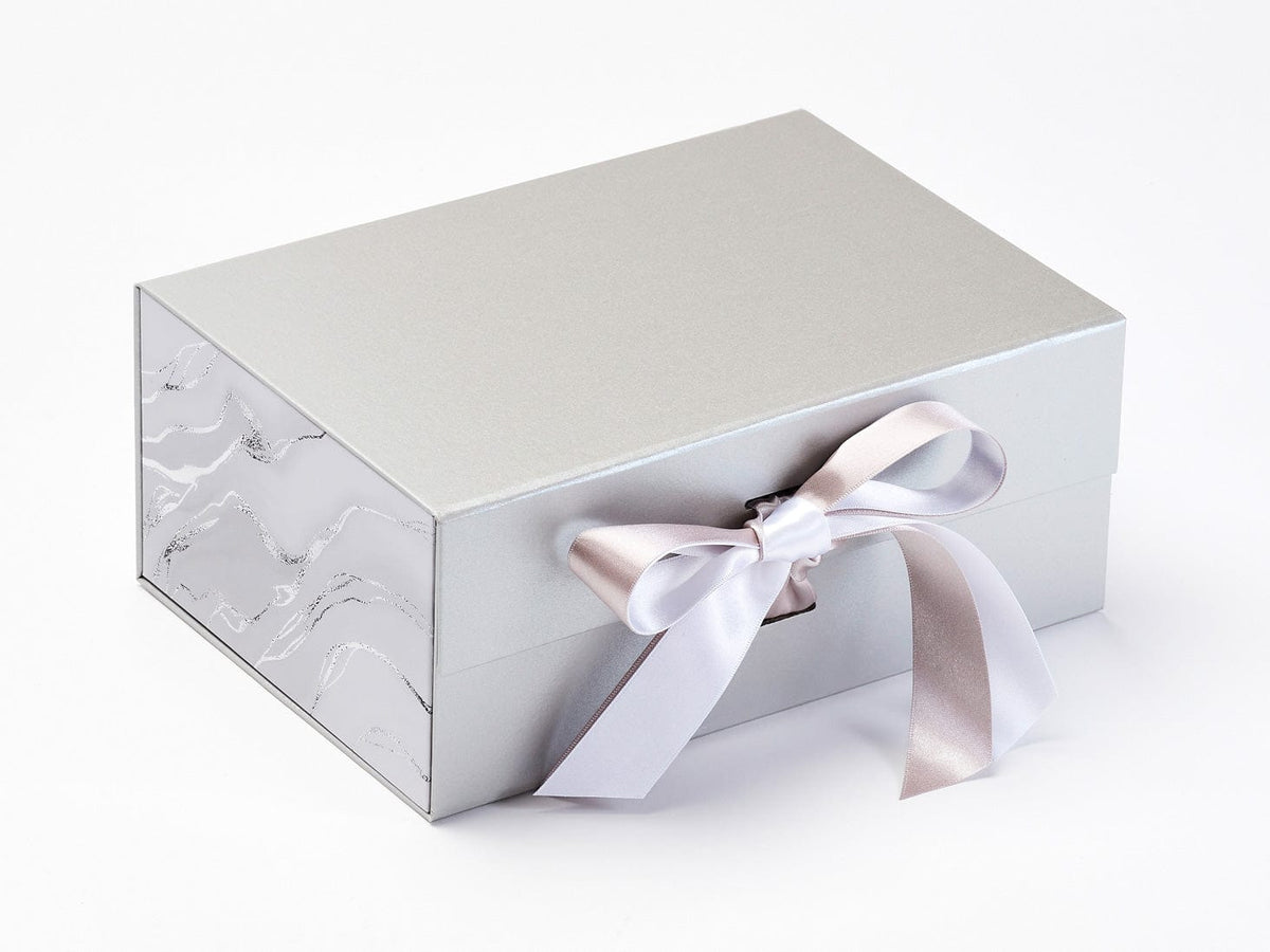 Silver Grey and White Satin Ribbon Featured with Smoke Grey Marble FAB Sides® on Silver Gift Box