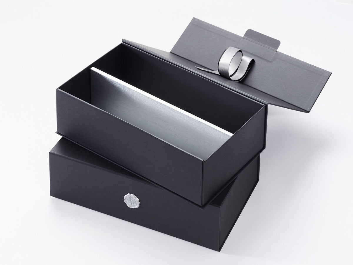 Silver Insert Featured with Black Double Bottle Gift Box and Silver Wax Seal and Ribbon