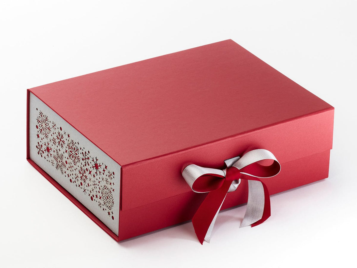 Silver Snowflakes FAB Sides® Featured on Red A4 Deep Gift Box with Silver Sparkle Ribbon