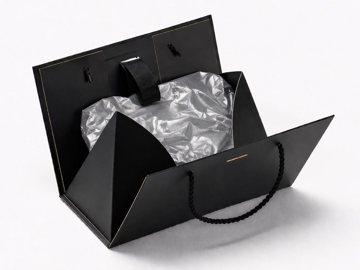 Metallic Silver Tissue Paper inside Black Boxbags