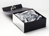 Silver Sparkle Ribbon Featured with Silver Tissue paper and Metallic Silver FAB Sides® on Black Gift Box