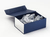 Silver Tissue Paper Featured with Navy Blue Gift Box with Metallic Silver FAB Sides®