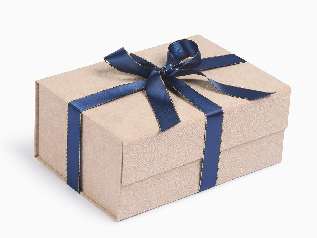 Navy Satin Ribbon with Gold Stitched Edge Featured on Stone Faux Suede Gift Box