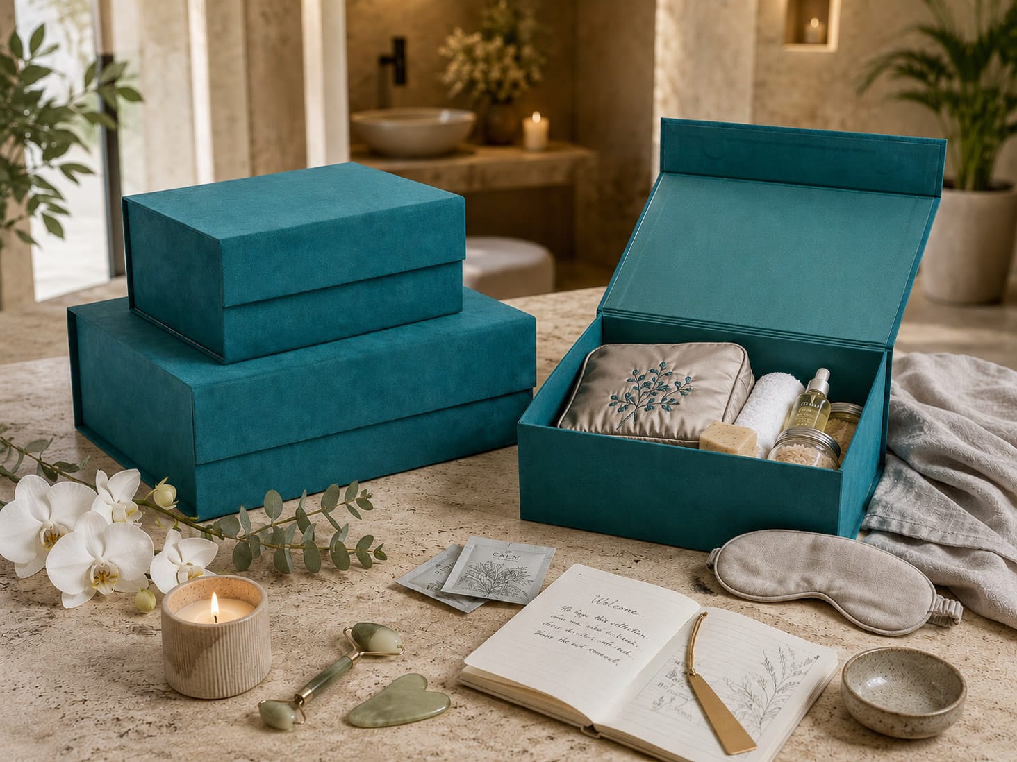 Teal Faux Suede Gift Boxes for Spa Gifting