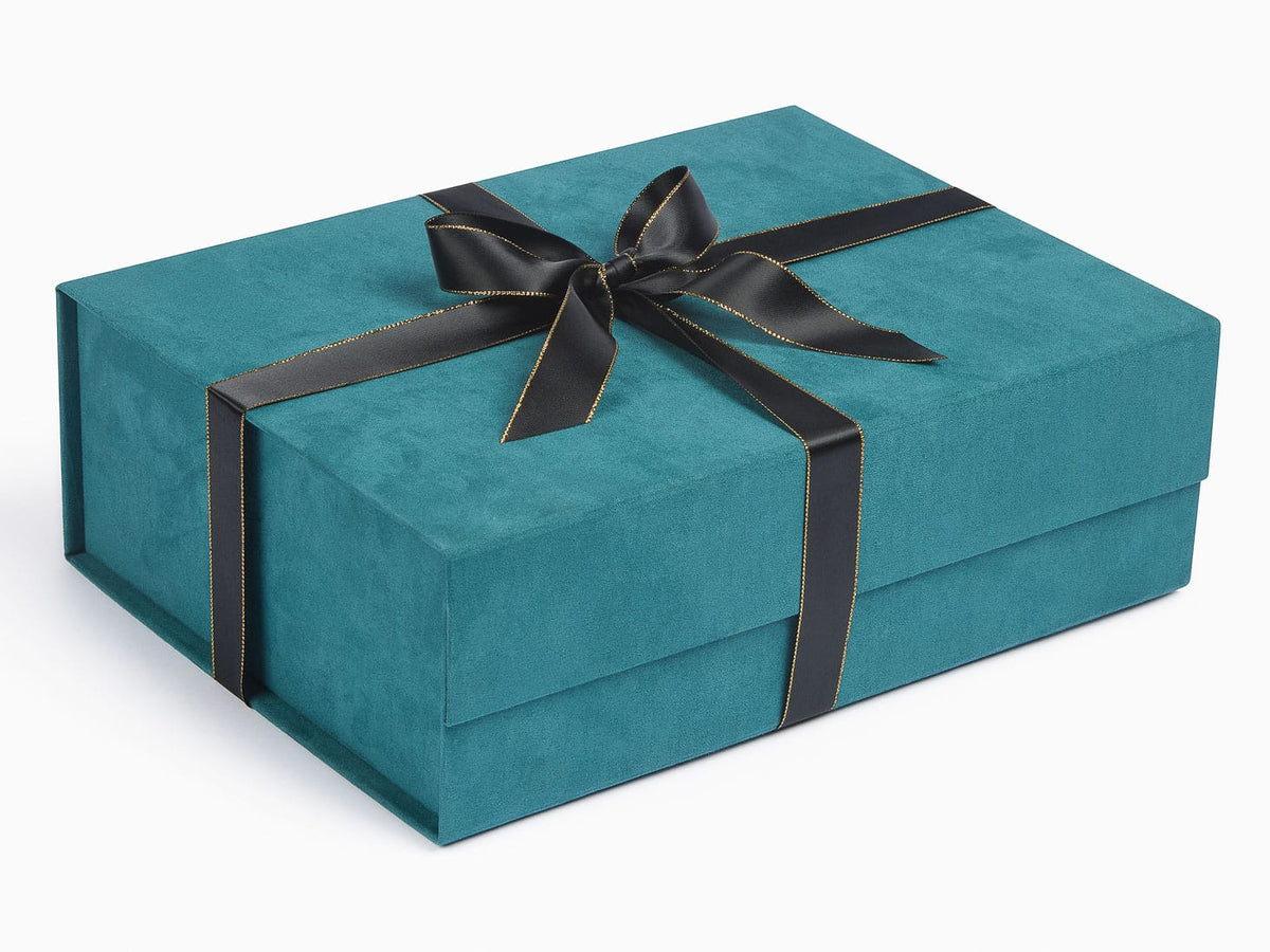 Teal Faux Suede A4 Deep Gift Box With Nay Gold Stitched Edge Ribbon