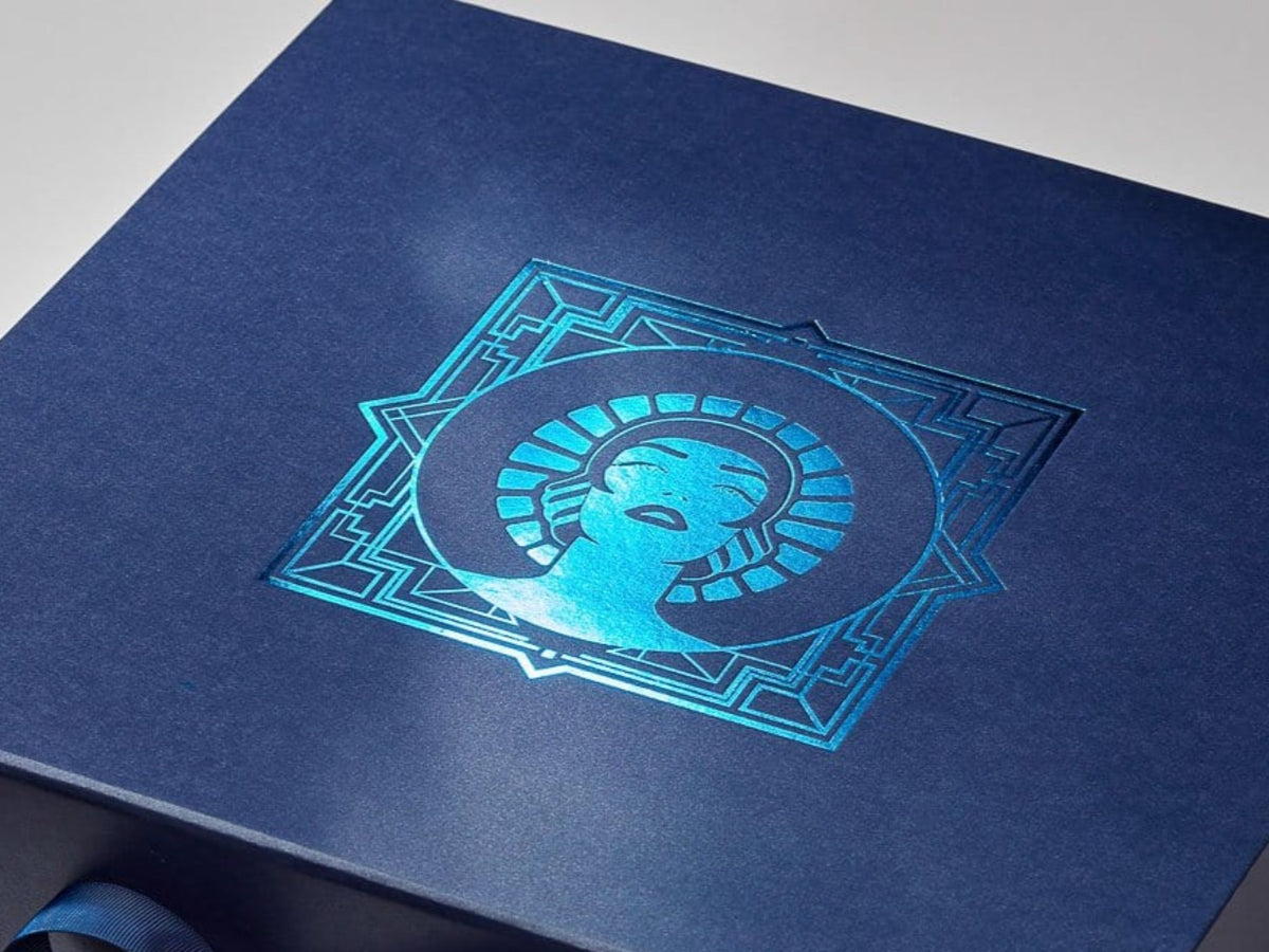 Navy Blue XL Deep Gift Box with Custom Blue Foilco 6069 Foil Design