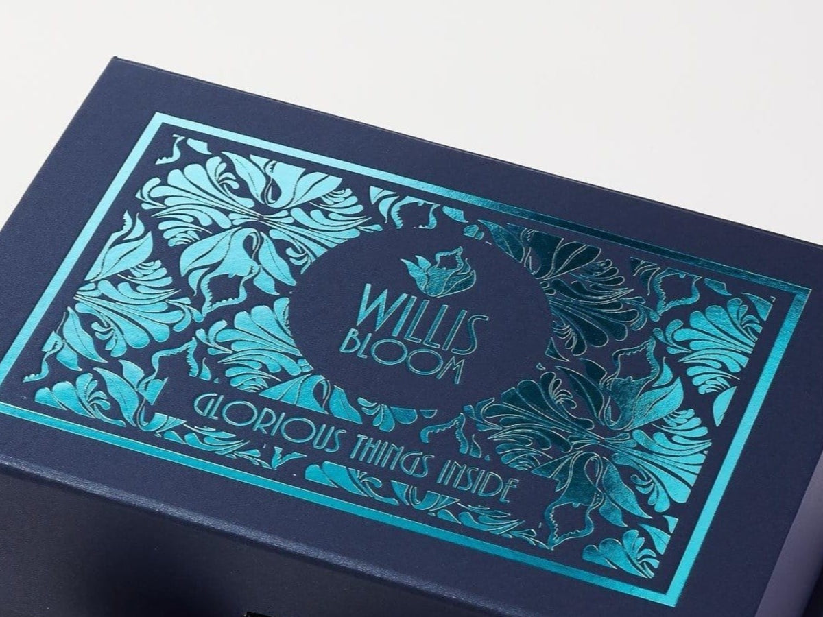 Navy Blue Luxury Gift Box with Turquoise Foil Design