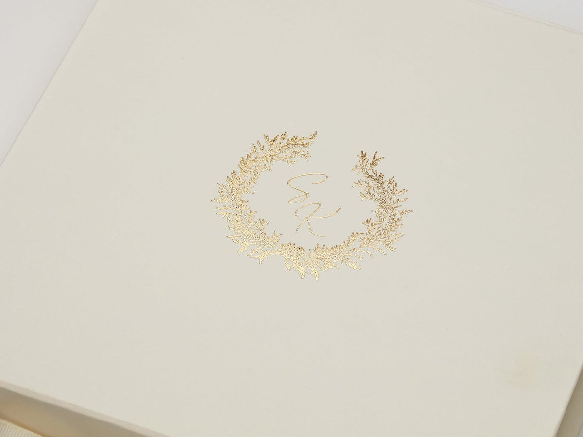 Custom Gold Foil Logo Featured on Ivory Gift Box